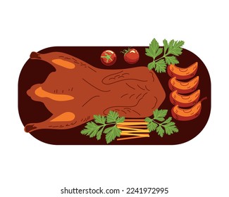 Peking duck with apples top view. Food from China. Cuisines of the world. Vector illustration isolated on a white background