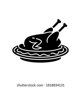 Peking duck black glyph icon. Whole roasted chicken with gravy for thanksgiving. Beijing traditional dish recipe. Cooked poultry meat. Silhouette symbol on white space. Vector isolated illustration