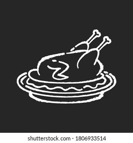Peking duck chalk white icon on black background. Whole roasted chicken with gravy for thanksgiving. Beijing traditional dish recipe. Cooked poultry meat. Isolated vector chalkboard illustration
