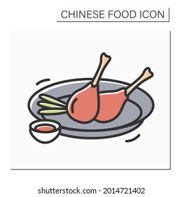 Peking duck color icon. Chinese cuisine roasted specialty dish serving with traditional sauce. Tasty Asian food and restaurant a la carte serving concept. Isolated vector illustration