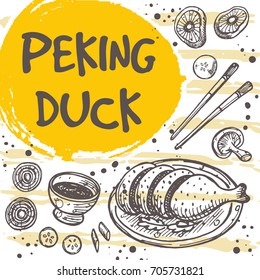 Peking duck concept design. Asian food. Chinese cuisine. Retro card. Hand drawn vector illustration. Can be used for street festival, farmers market, menu, cafe, restaurant, poster, banner, sticker.