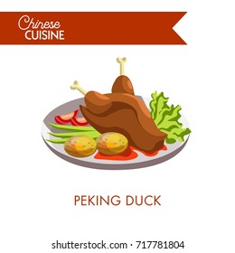 Peking duck with fresh vegetables and baked potato