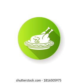Peking duck green flat design long shadow glyph icon. Whole roasted chicken with gravy for thanksgiving. Beijing traditional dish recipe. National meal for dinner. Silhouette RGB color illustration