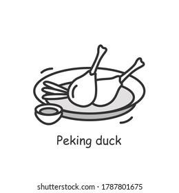 Peking duck icon. Chinese cuisine roasted specialty dish serving with traditional sauce line pictogram. Tasty Asian food and restaurant a la carte serving concept. Editable stroke vector illustration