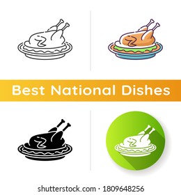 Peking duck icon. Whole roasted chicken with gravy for thanksgiving. Beijing traditional dish recipe. National meal for dinner. Linear black and RGB color styles. Isolated vector illustrations