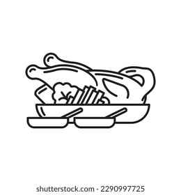 Peking Duck meal with spring onions, lettuce and sauce bowls vector line icon