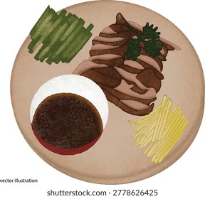 Peking duck with sauce and vegetables in a brown sauced dish