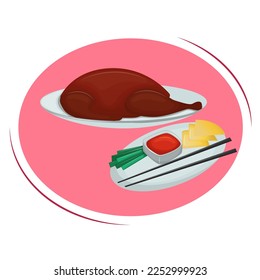 Peking duck with sauce, vegetables and tortillas. Chinese traditional cuisine. Vector illustration. Cartoon.