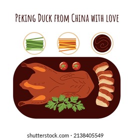 Peking duck top view. Food from China. Cuisines of the world. Vector illustration isolated on a white background