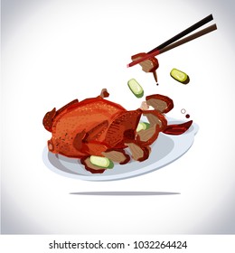 peking duct. roast duck served in dish with sauce and cucumber. traditional Chinese food - vector illustration