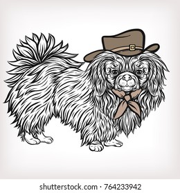  Pekingese dog in a hat and scarf. Stock vector illustration.