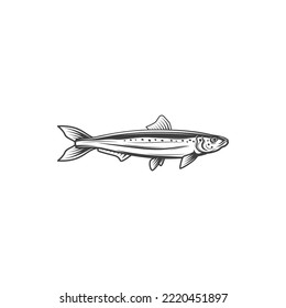 Pescado pelágico, mackerel aislado icono monocromo. Caballa de hindú corta Vector Scombrida, trofeo deportivo de pesca, caballa corta, mariscos submarinos. Pez de Wahoo scombrid