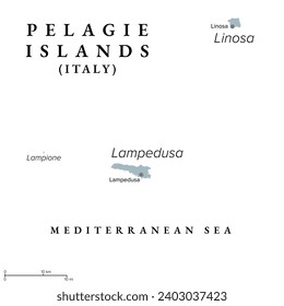 Pelagie Islands with Lampedusa, Linosa and Lampione, gray political map. Archipelago of small islands located in the Mediterranean Sea between Malta and Tunisia, south of Sicily and Strait of Sicily.