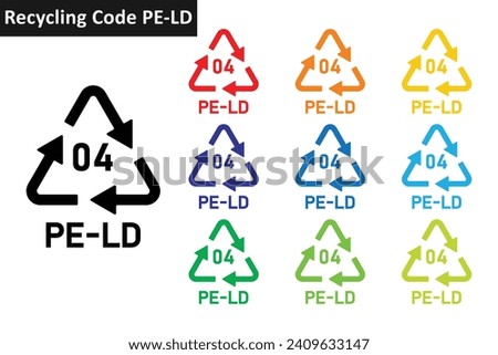 PE-LD plastic recycling code icon set. Plastic recycling symbols 04 PE-LD. Plastic recycling code 04 icon collection in ten different colors. Set of plastic recycling code symbol icon 04 PE-LD.