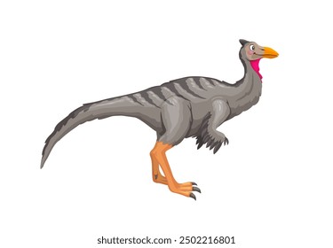 Pelecanimimus prehistoric dinosaur. Isolated cartoon vector bird-like dino predator with grey plumage, elongated neck with a pink throat pouch and sharp, orange beak, slender legs with sharp claws