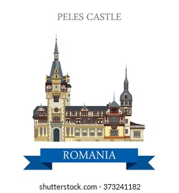 Peles Castle in Romania. Flat cartoon style historic sight showplace attraction web site vector illustration. World countries cities vacation travel sightseeing collection.