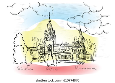 Peles Castle in Romania, vector, hand drawn