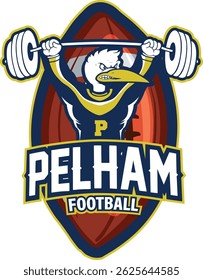 Pelham animal illustration with muscular hands, pelham football poster with american football, blue and yellow mammal with steel rod uplifting to show the strength of team