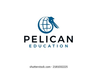 Pelican academy and globe of word logo design