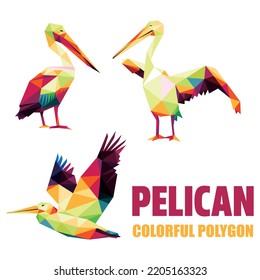 Pelican Animal Set In Low Poly Polygonal Colorful. Flying Pelican Icon In Abstract Colorful Logo. Vector Of Pelican Collection