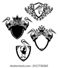 pelican bird black and white vector heraldic shield - animal with royal crown and rose flowers design set