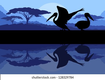 Pelican bird couple in wild mountain nature landscape background illustration vector