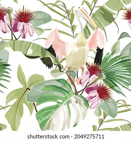 Pelican bird and exotic flowers, palm leaves, white background. Floral seamless pattern. Tropical illustration. Exotic plants, birds. Summer beach design. Paradise nature.