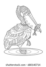 Pelican bird with fish coloring book vector illustration. Black and white lines. Lace pattern