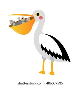 Pelican bird with fish in mouth animal cartoon character isolated on white background.