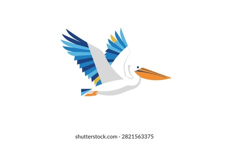 Pelican bird flying with spread blue and white wings vector illustration isolated on white background, marine life.