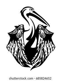 pelican bird with folded wings - black and white vector design