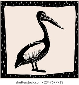 Pelican bird. Hand drawn vector illustration in vintage technique of linocut or woodcut stamped on a grain old paper
