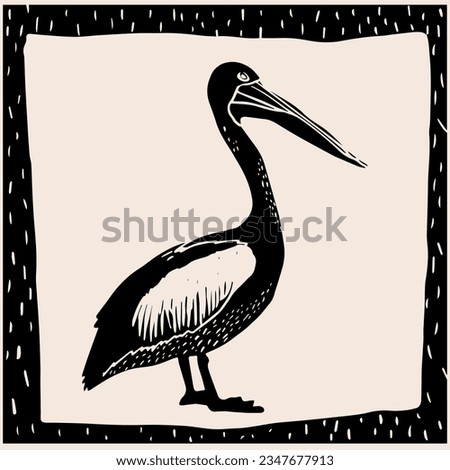 Pelican bird. Hand drawn vector illustration in vintage technique of linocut or woodcut stamped on a grain old paper
