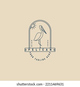 pelican bird line art logo ,with emblem and sun vector illustration design