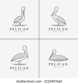 Pelican bird logo design, line art pelican bird vector logo set.