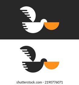 Pelican bird logo side view or black and white kids illustration minimal style, silhouette of a flying bird with wings.