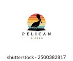 Pelican bird logo vintage with grass and wild logo design. Pelican vector illustration logo
