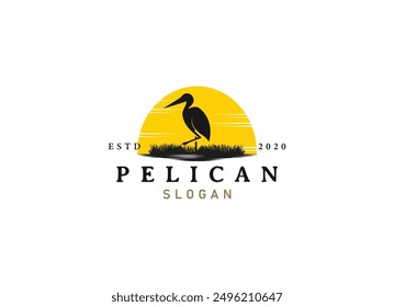 Pelican bird logo vintage with grass and wild logo design.