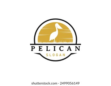 Pelican bird logo vintage with grass and wild logo design vector illustration