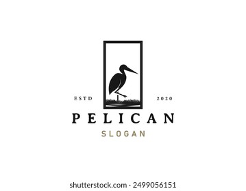 Pelican bird logo vintage with grass and wild logo design vector illustration