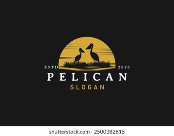 Pelican bird logo vintage with grass and wild logo design. Pelican vector illustration logo
