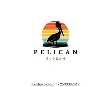 Logotipo del pájaro del pelícano vintage con la hierba y el diseño salvaje del logotipo. Logotipo de la Ilustración vectorial del Pelícano
