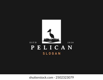 Pelican bird logo vintage with grass and wild logo design vector illustration 