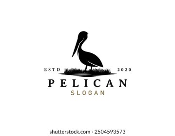 Pelican bird logo vintage with grass and wild logo design vector illustration
