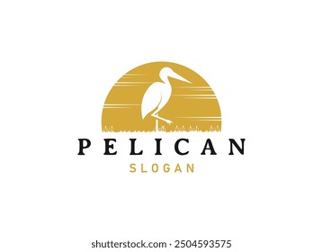 Pelican bird logo vintage with grass and wild logo design vector illustration
