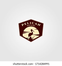 pelican bird logo vintage with sun background vector illustration design