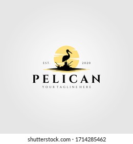 pelican bird logo vintage with sun background vector illustration design