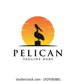 pelican bird logo vintage with sun background vector illustration design