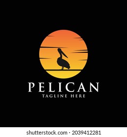 pelican bird logo vintage with sun background vector illustration design