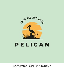 pelican bird logo vintage with sun vector illustration design